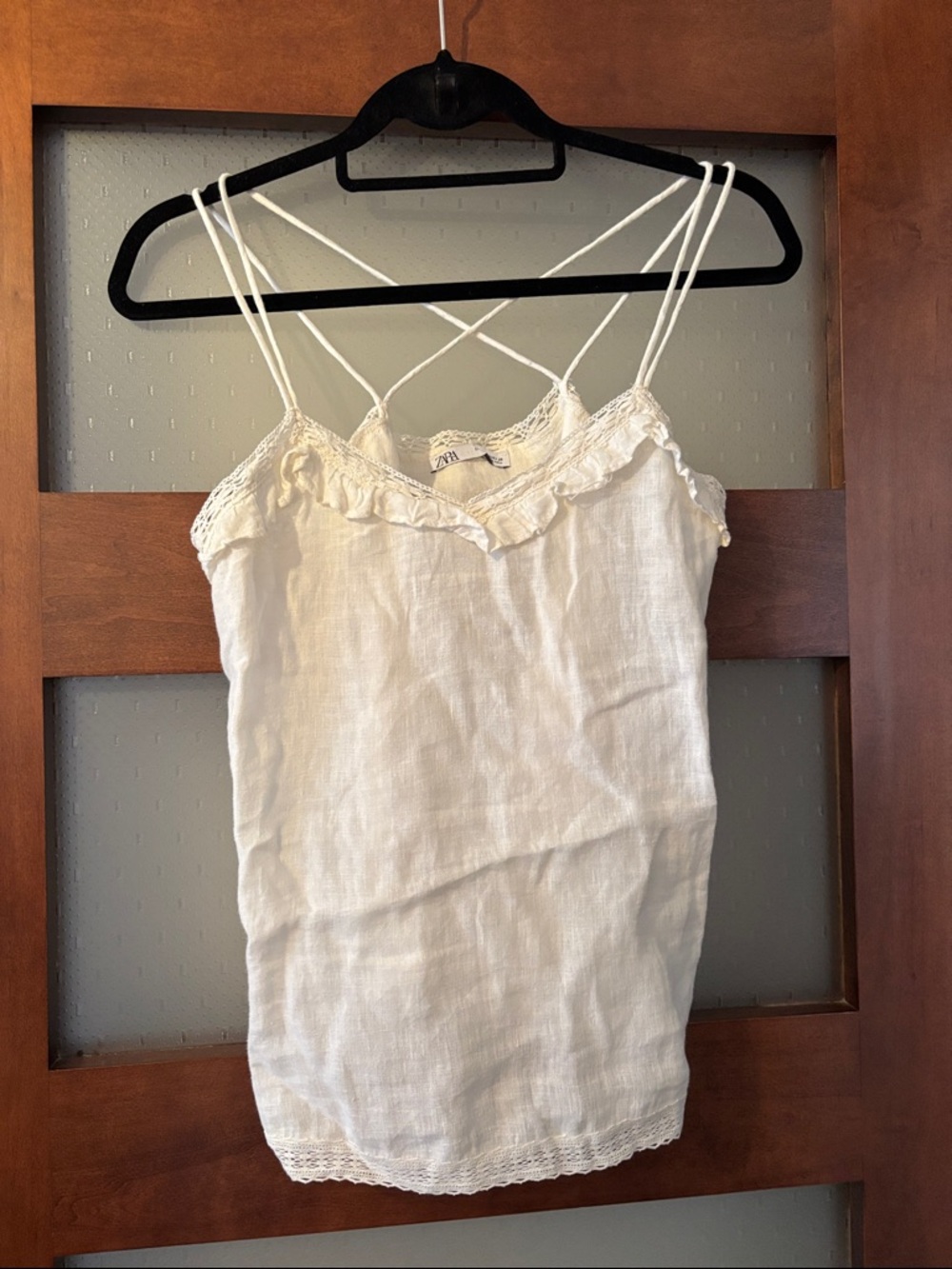 Zara Cream Linen Lace-Trim Strappy Cami